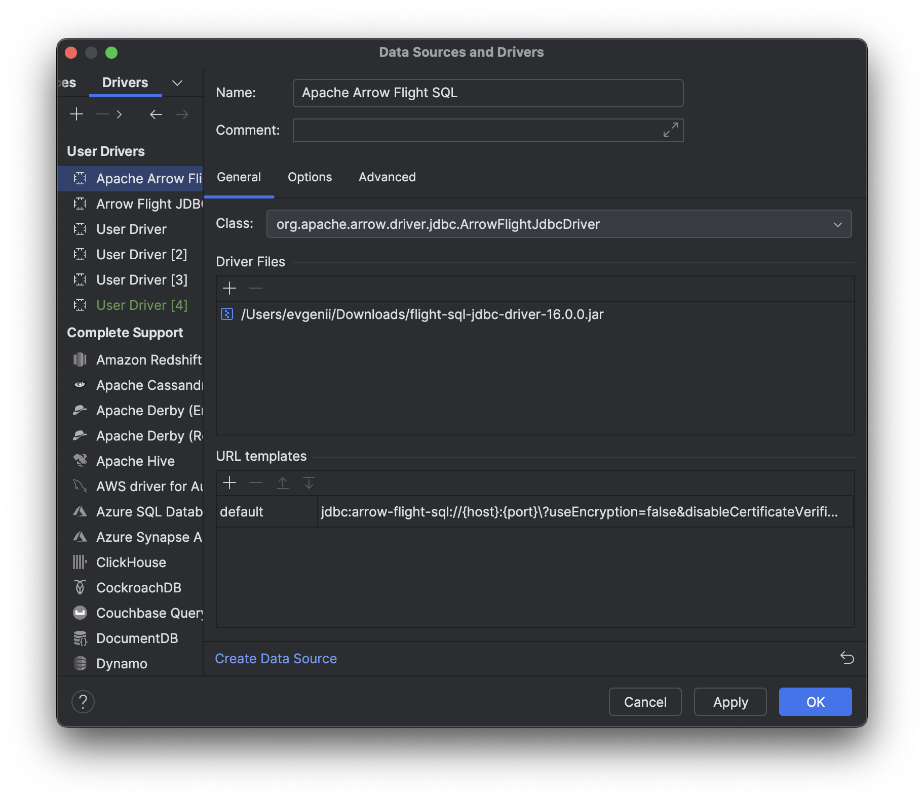 Driver creation window Driver creation window